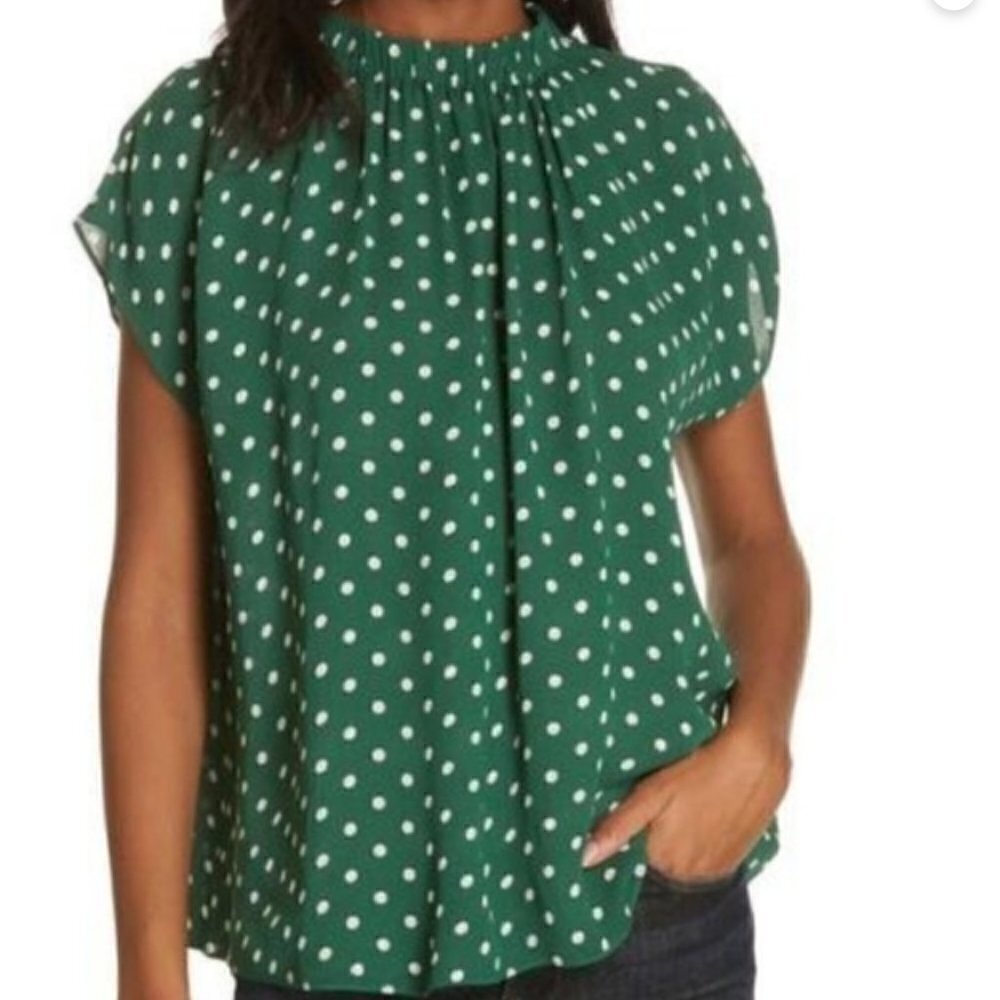 LEWIT Green Polka Dot Mock Neck Short Sleeve Blouse Size XS